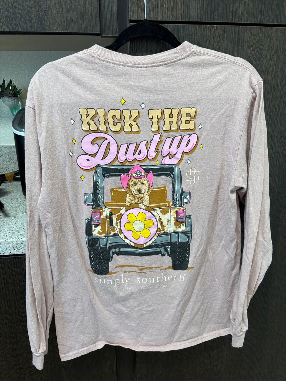 Simply Southern Light Pink Long Sleeve Tee with Jeep & Puppy Graphic